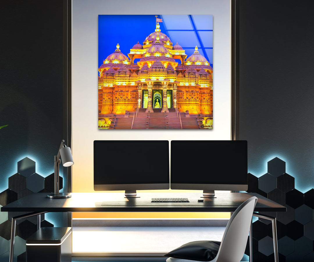 Akshardham Temple: Stunning Nightscape of Iconic Temple on Glass Wall Art
