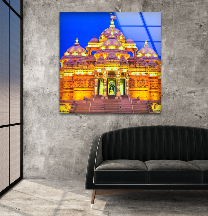 Akshardham Temple: Illuminated Golden Architecture on Glass Wall Art
