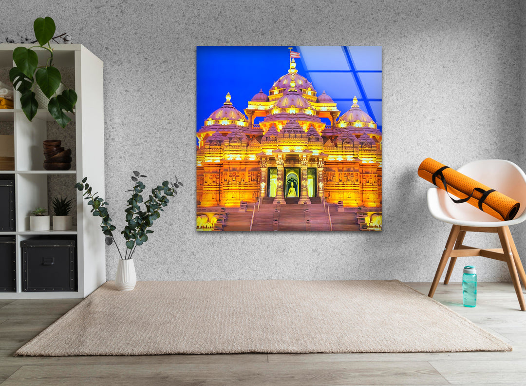 Akshardham Temple: Serene Night View Captured on Glass Wall Art
