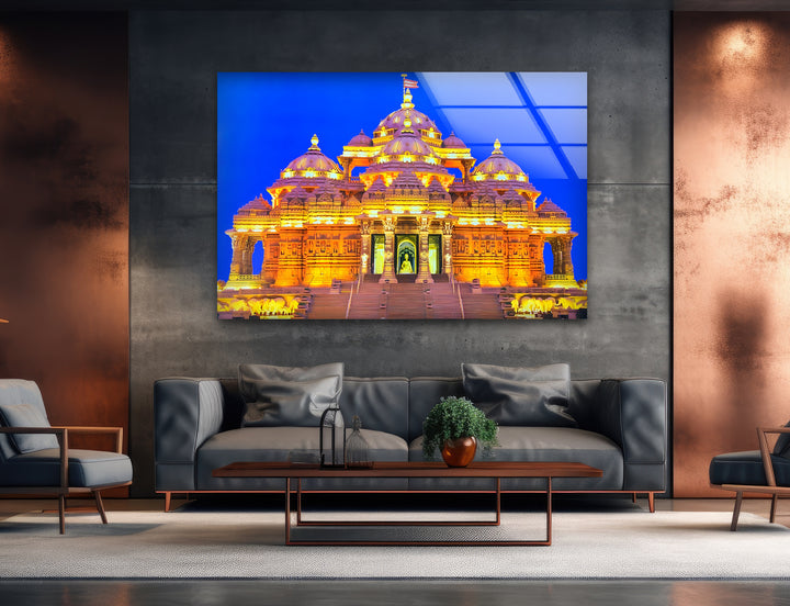 Akshardham Temple: Majestic Night View on Glass Wall Art
