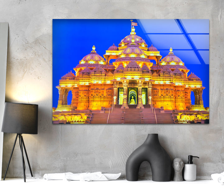 Akshardham Temple: Illuminated Beauty at Night on Glass Wall Art
