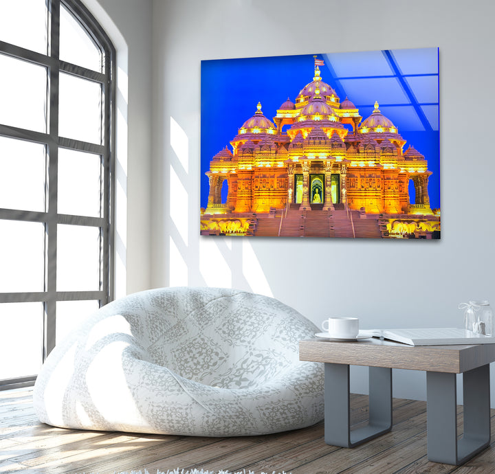 Akshardham Temple: Glowing Temple Architecture at Night on Glass Wall Art
