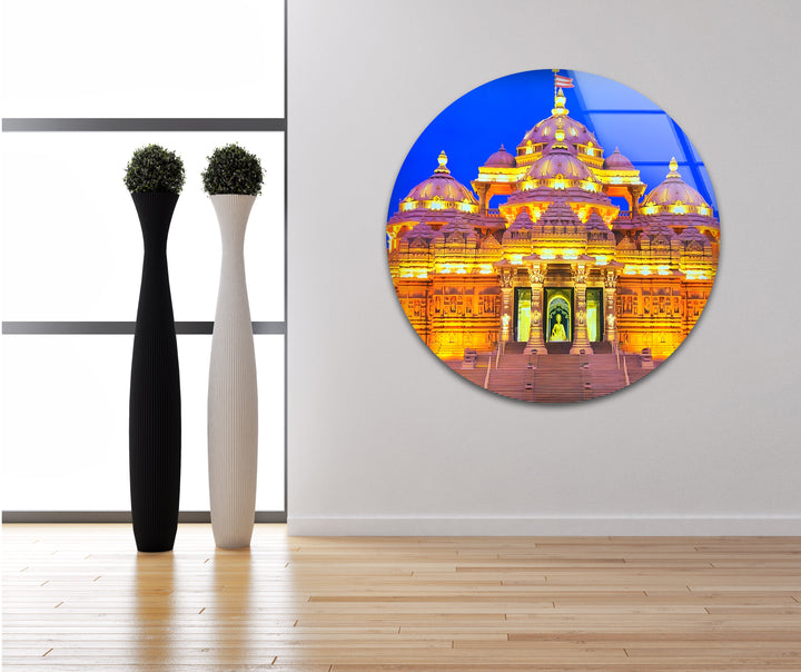 Akshardham Temple: Awe-Inspiring Temple View at Night on Glass Wall Art
