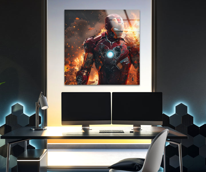 Iron Man Fire Glass Wall Art picture on glass wall art, photos printed on glass
