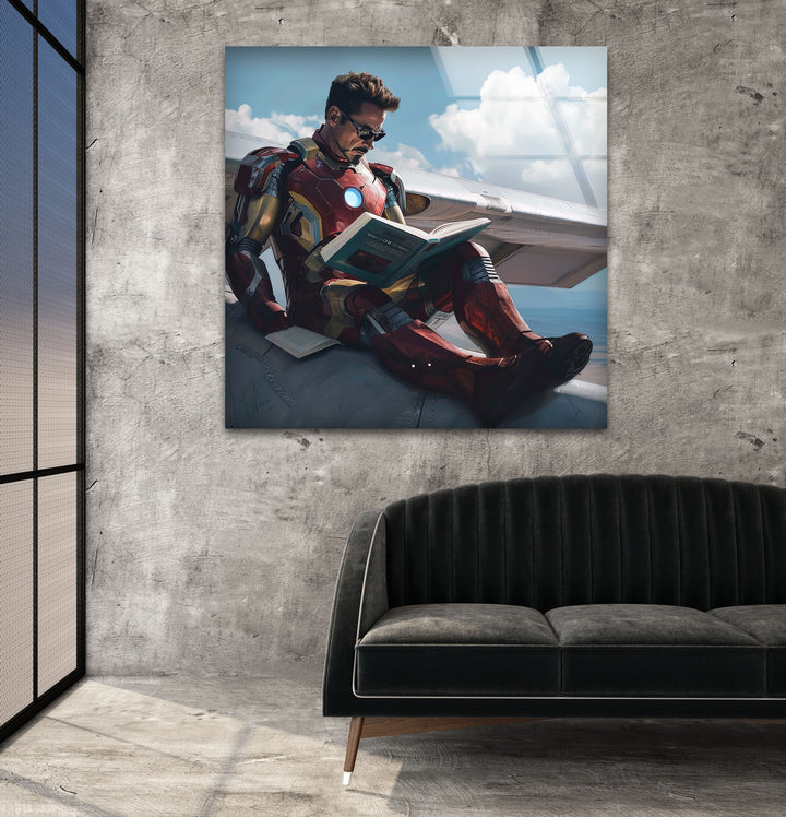 Iron Man Reading Glass Wall Art glass photo prints, glass picture prints
