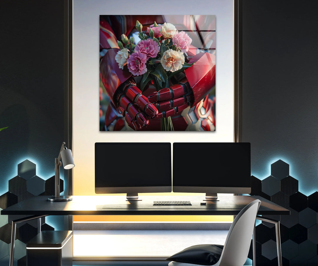 Iron Man Holding Flower Glass Wall Art large glass photo prints, glass wall photos
