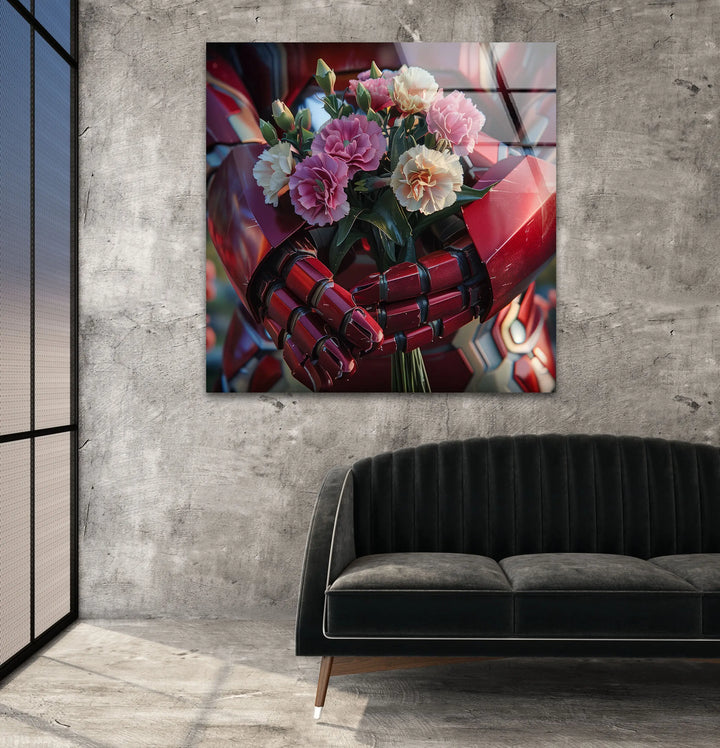 Iron Man Holding Flower Glass Wall Art glass pictures for Wall, glass prints wall art
