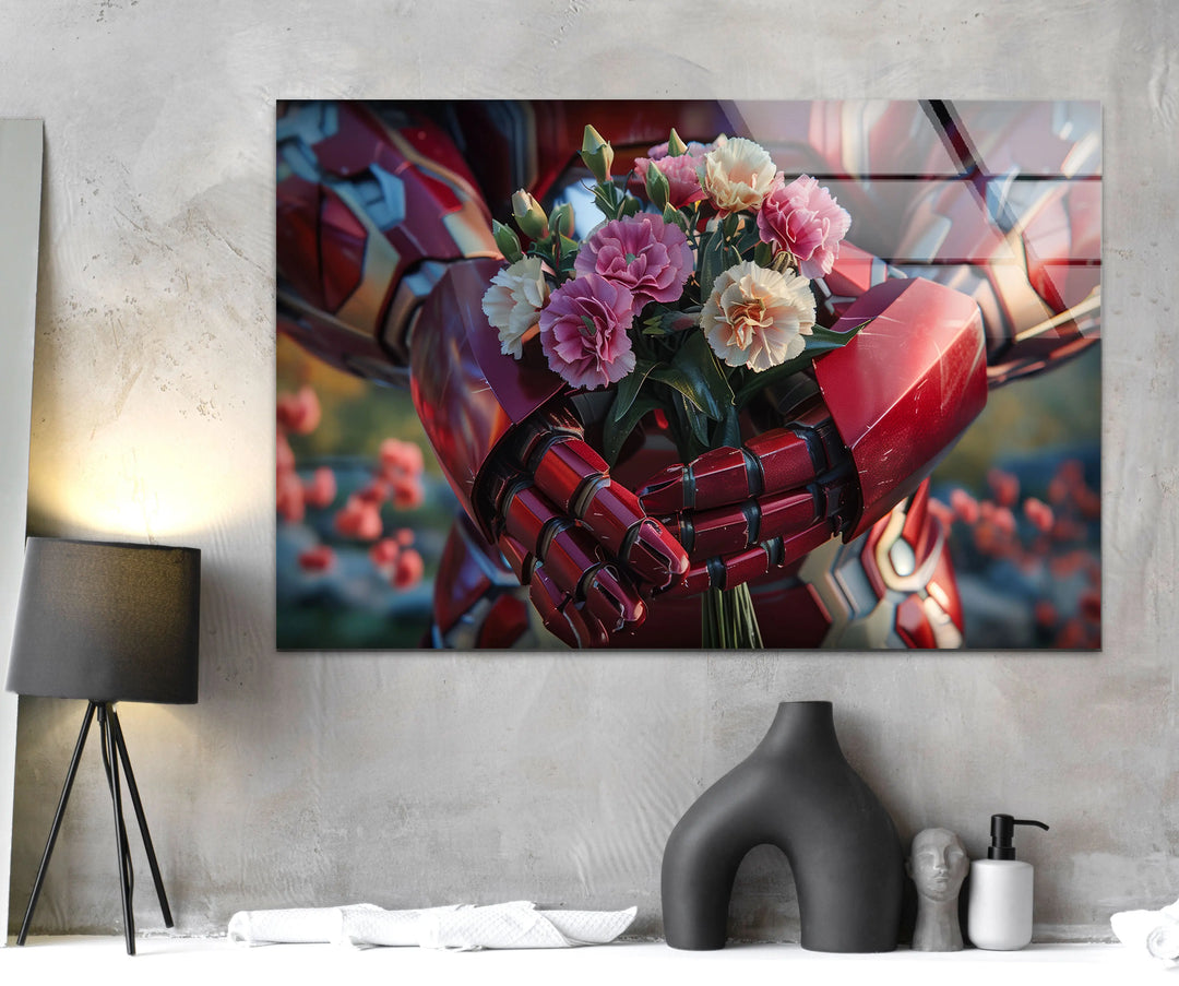 Iron Man Holding Flower Glass Wall Art glass wall decor, glass wall art decor
