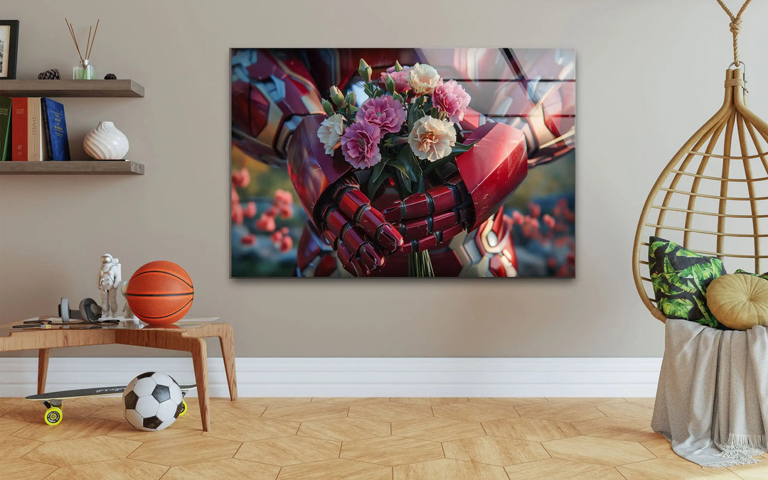 Iron Man Holding Flower Glass Wall Art print on glass, glass printed photos
