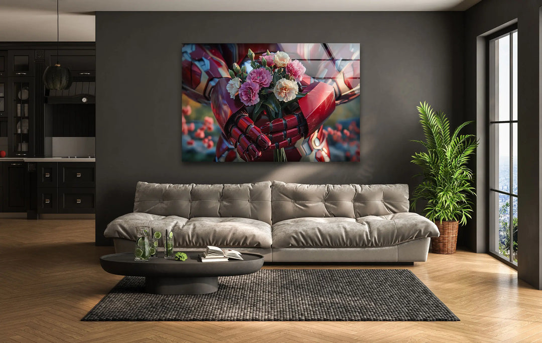 Iron Man Holding Flower Glass Wall Art photo print on glass, prints on glass wall art
