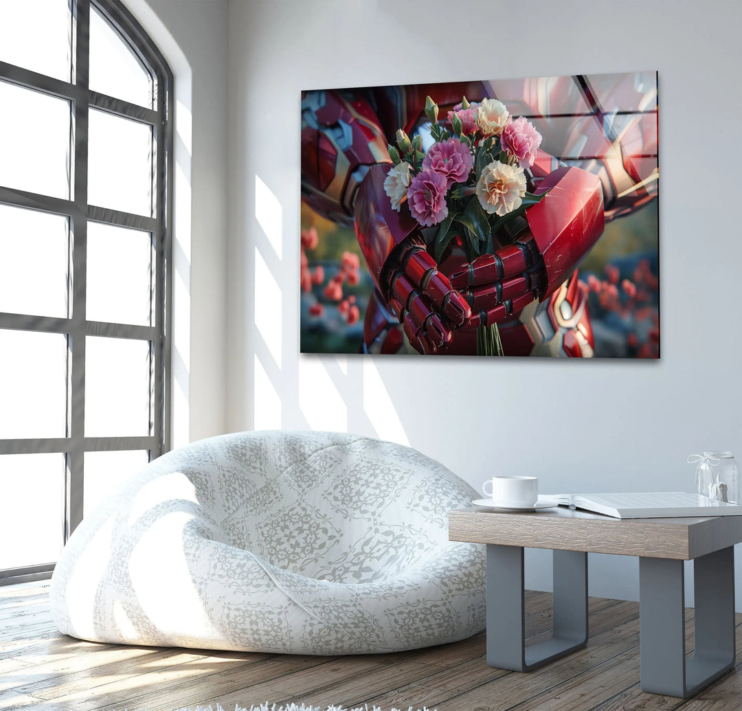 Iron Man Holding Flower Glass Wall Art custom glass pictures, glass art prints
