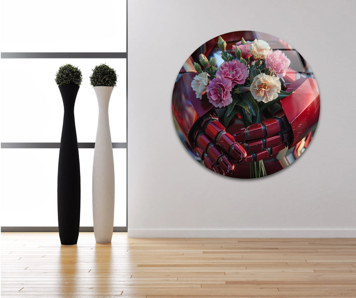 Iron Man Holding Flower Glass Wall Art custom glass photo prints, large glass prints
