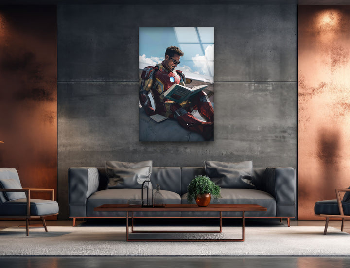 Iron Man Reading Glass Wall Art picture on glass wall art, photos printed on glass
