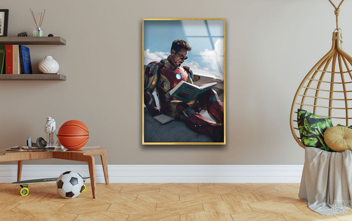 Iron Man Reading Glass Wall Art custom glass photo prints, large glass prints
