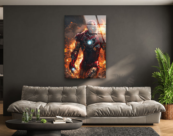 Iron Man Fire Glass Wall Art custom glass photo prints, large glass prints
