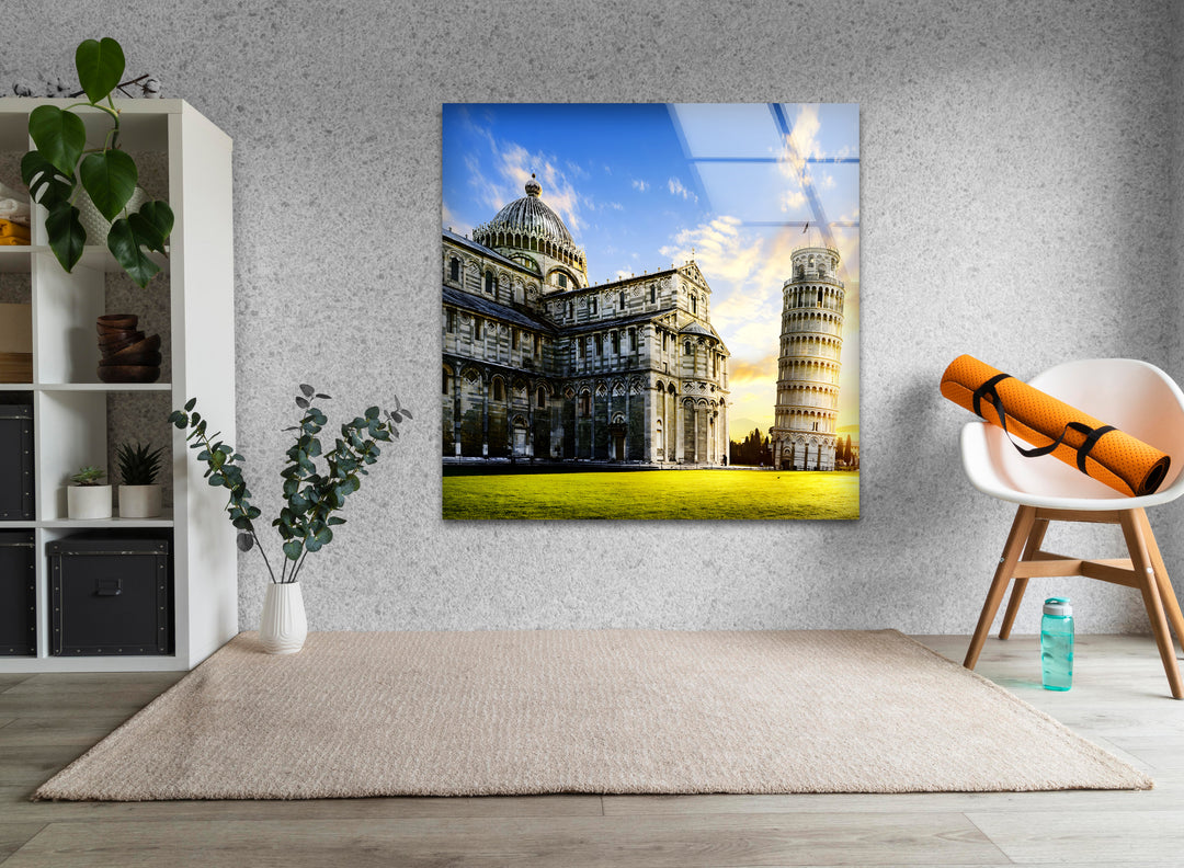 Leaning Tower of Pisa: Iconic Italian Landmark at Sunset on Glass Wall
