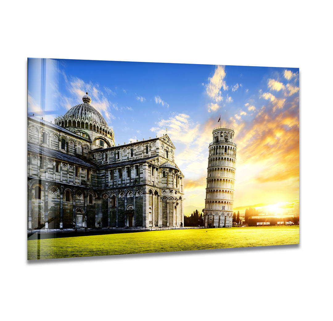 Leaning Tower of Pisa: Iconic Landmark at Sunset on Glass Wall Art
