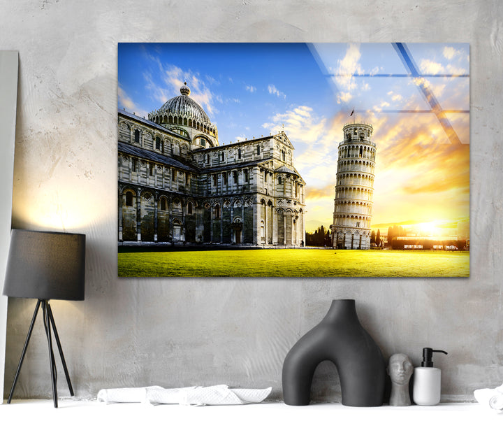 Leaning Tower of Pisa: Magnificent Landmark at Sunset on Glass Wall Art
