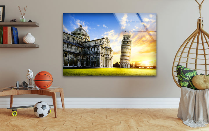 Leaning Tower of Pisa: Iconic Landmark at Sunset on Glass Wall Art
