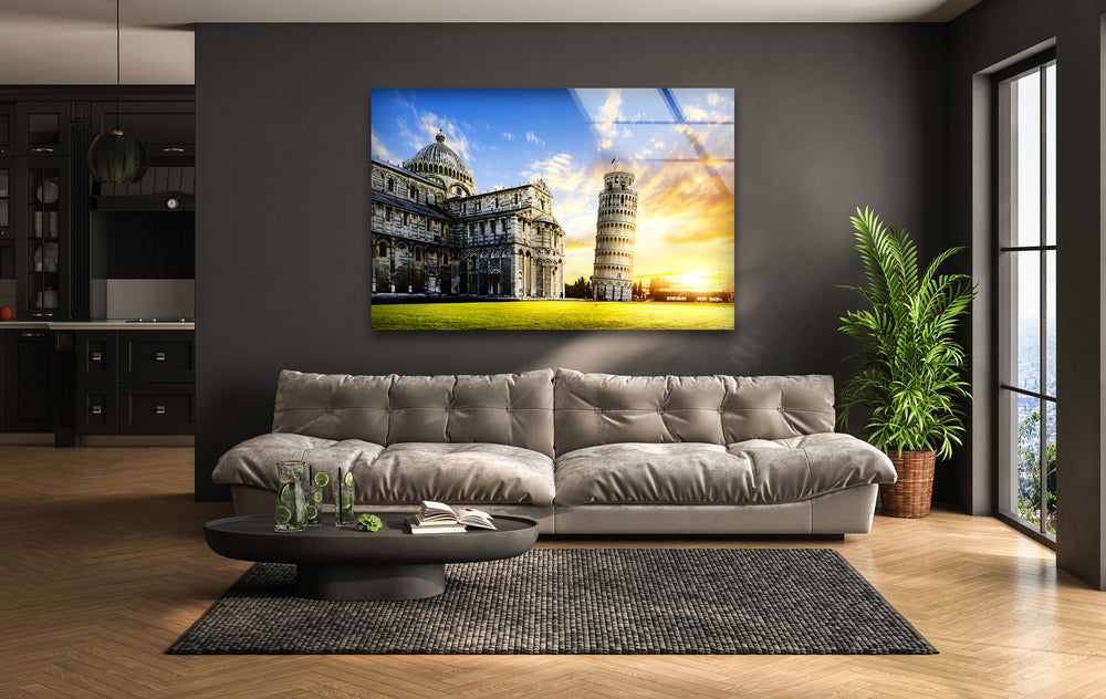 Leaning Tower of Pisa: Stunning Sunset View on Glass Wall Art
