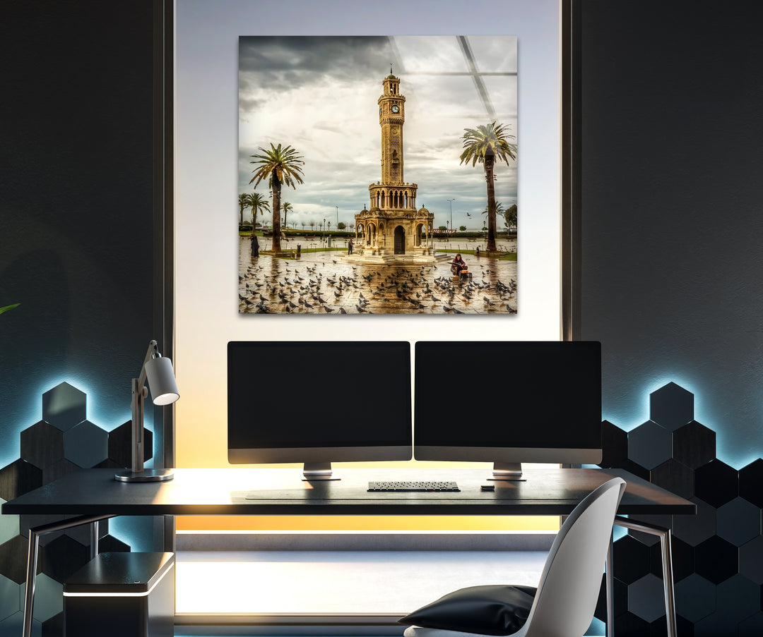 Izmir Clock Tower: Sunset Serenity on Glass Wall Art
