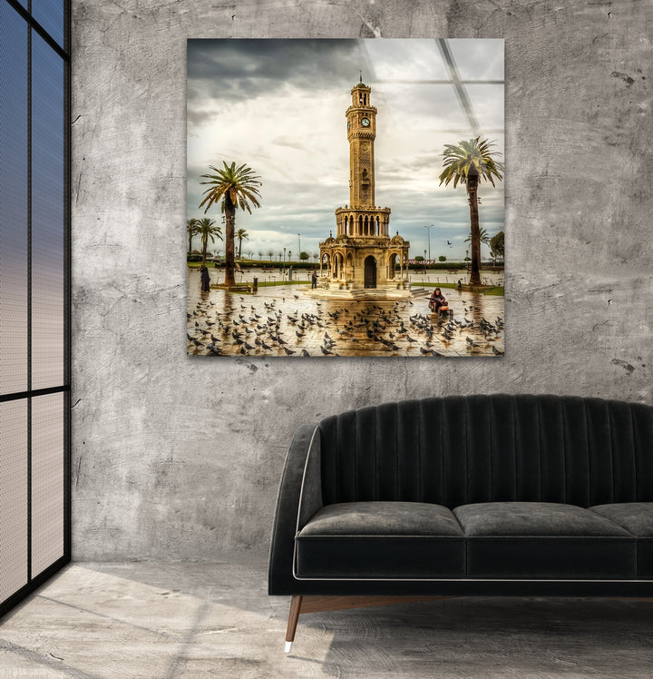 Izmir Clock Tower: Timeless Beauty Captured at Sunset on Glass Wall Art
