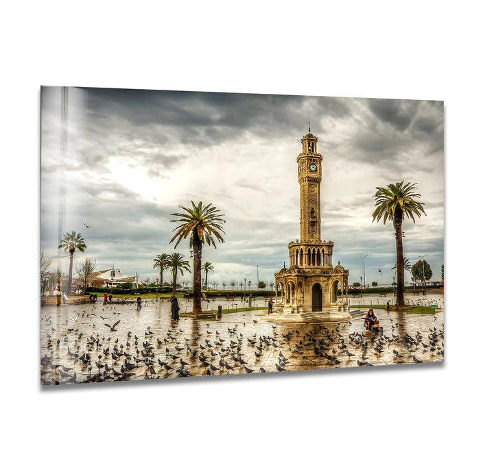 Izmir Clock Tower: Iconic Landmark at Sunset on Glass Wall Art
