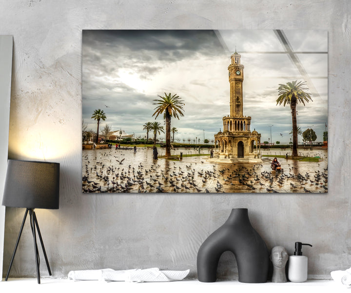 Izmir Clock Tower: Sunset Reflection of an Icon on Glass Wall Art
