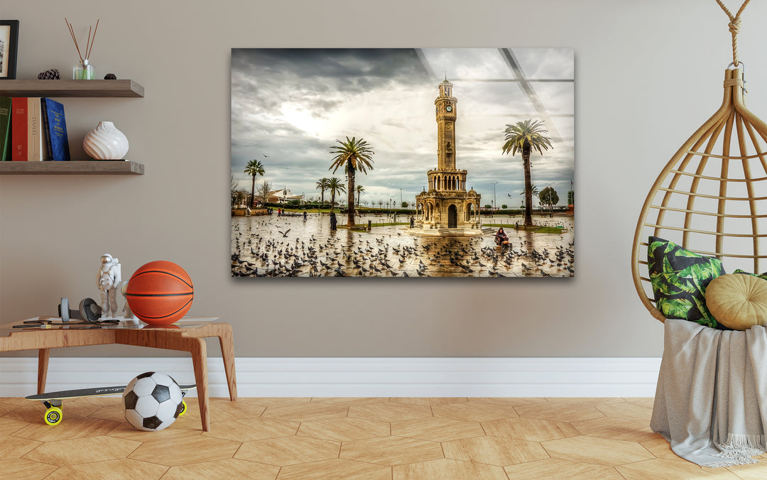 Izmir Clock Tower: Iconic Landmark at Sunset on Glass Wall Art
