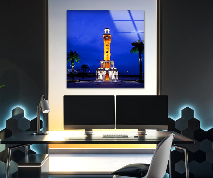 Izmir Clock Tower Glass Wall Art – Iconic Turkish Landmark at Night