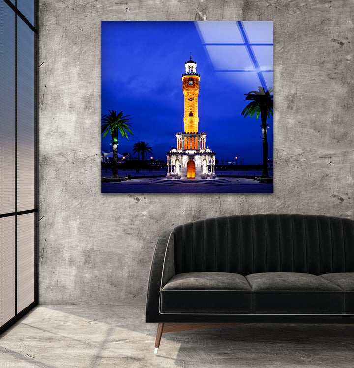 Izmir Clock Tower Glass Wall Art – Iconic Turkish Landmark at Night