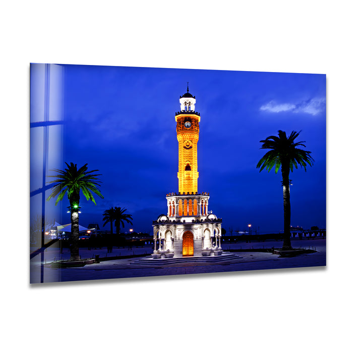 Izmir Clock Tower Glass Wall Art – Iconic Turkish Landmark at Night