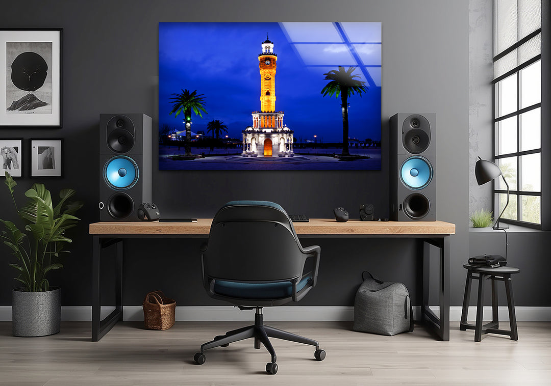 Izmir Clock Tower Glass Wall Art – Iconic Turkish Landmark at Night