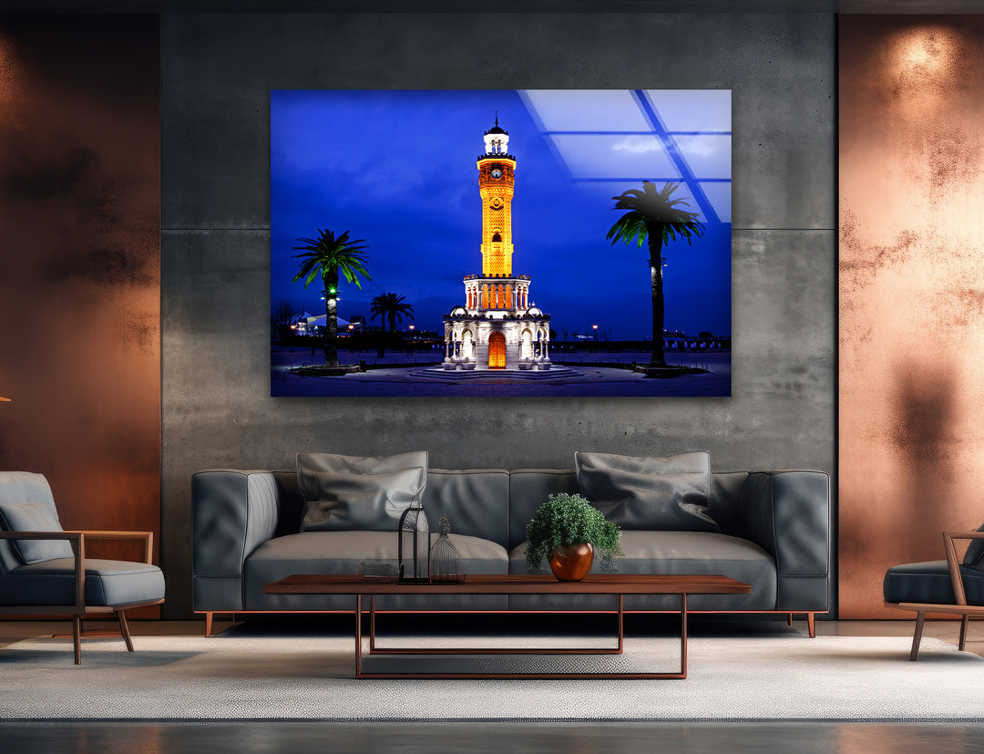 Izmir Clock Tower Glass Wall Art – Iconic Turkish Landmark at Night