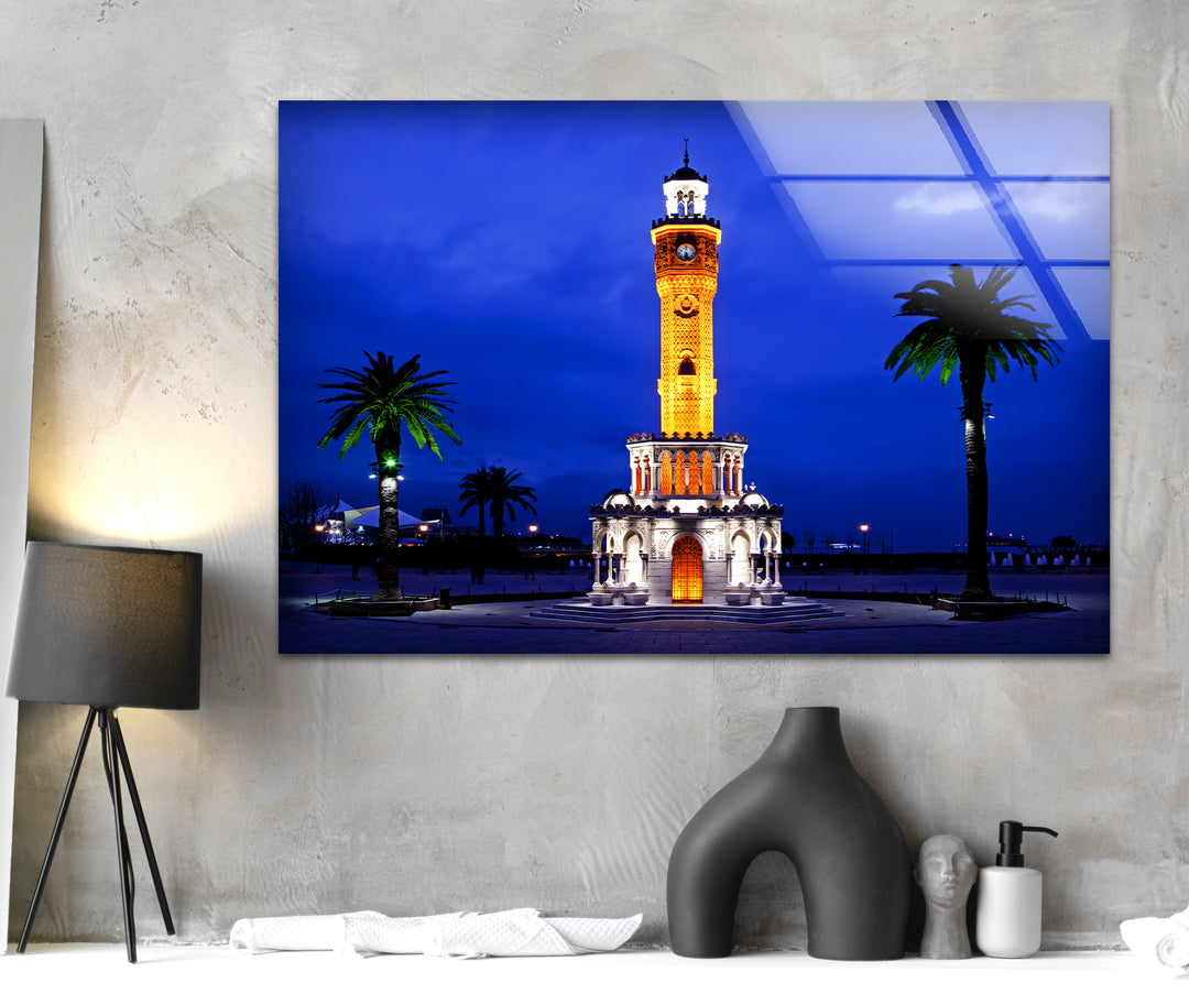 Izmir Clock Tower Glass Wall Art – Iconic Turkish Landmark at Night