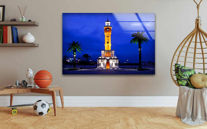 Izmir Clock Tower Glass Wall Art – Iconic Turkish Landmark at Night