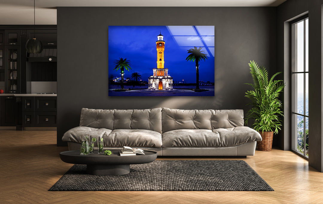 Izmir Clock Tower Glass Wall Art – Iconic Turkish Landmark at Night