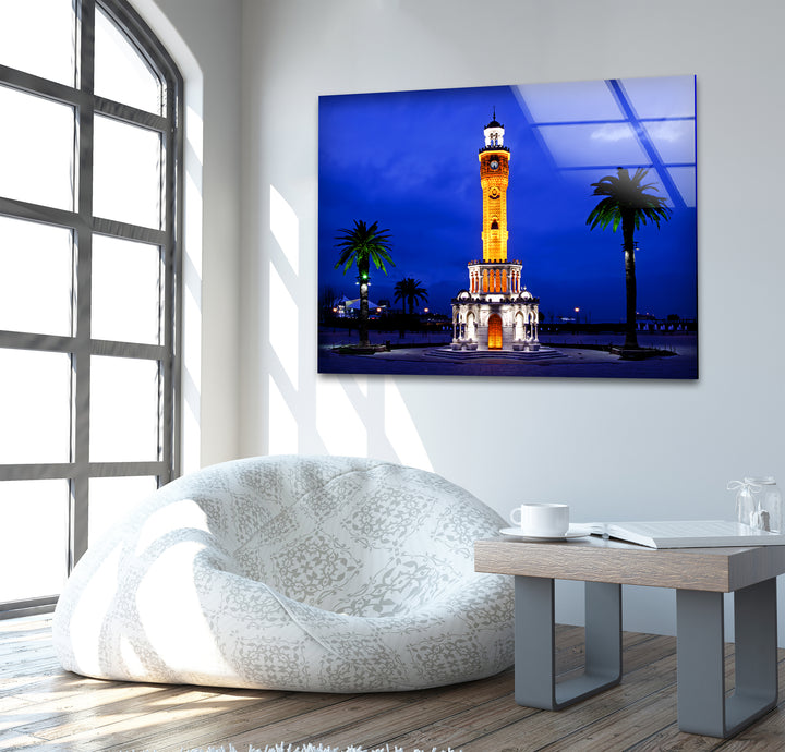 Izmir Clock Tower Glass Wall Art – Iconic Turkish Landmark at Night