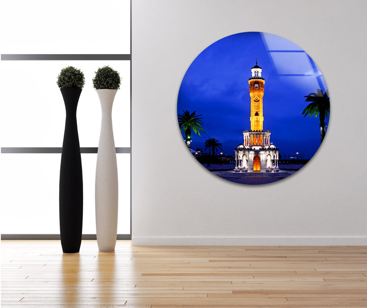 Izmir Clock Tower Glass Wall Art – Iconic Turkish Landmark at Night