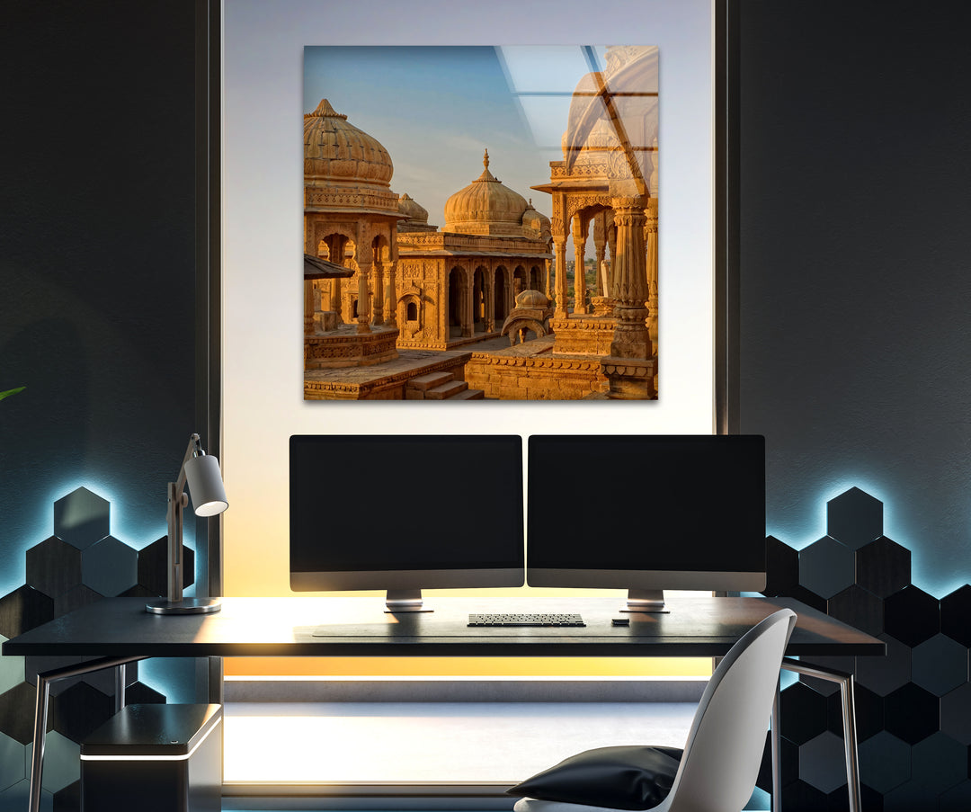 Jaisalmer Cenotaphs: Magnificent Sunset View on Glass Wall Art
