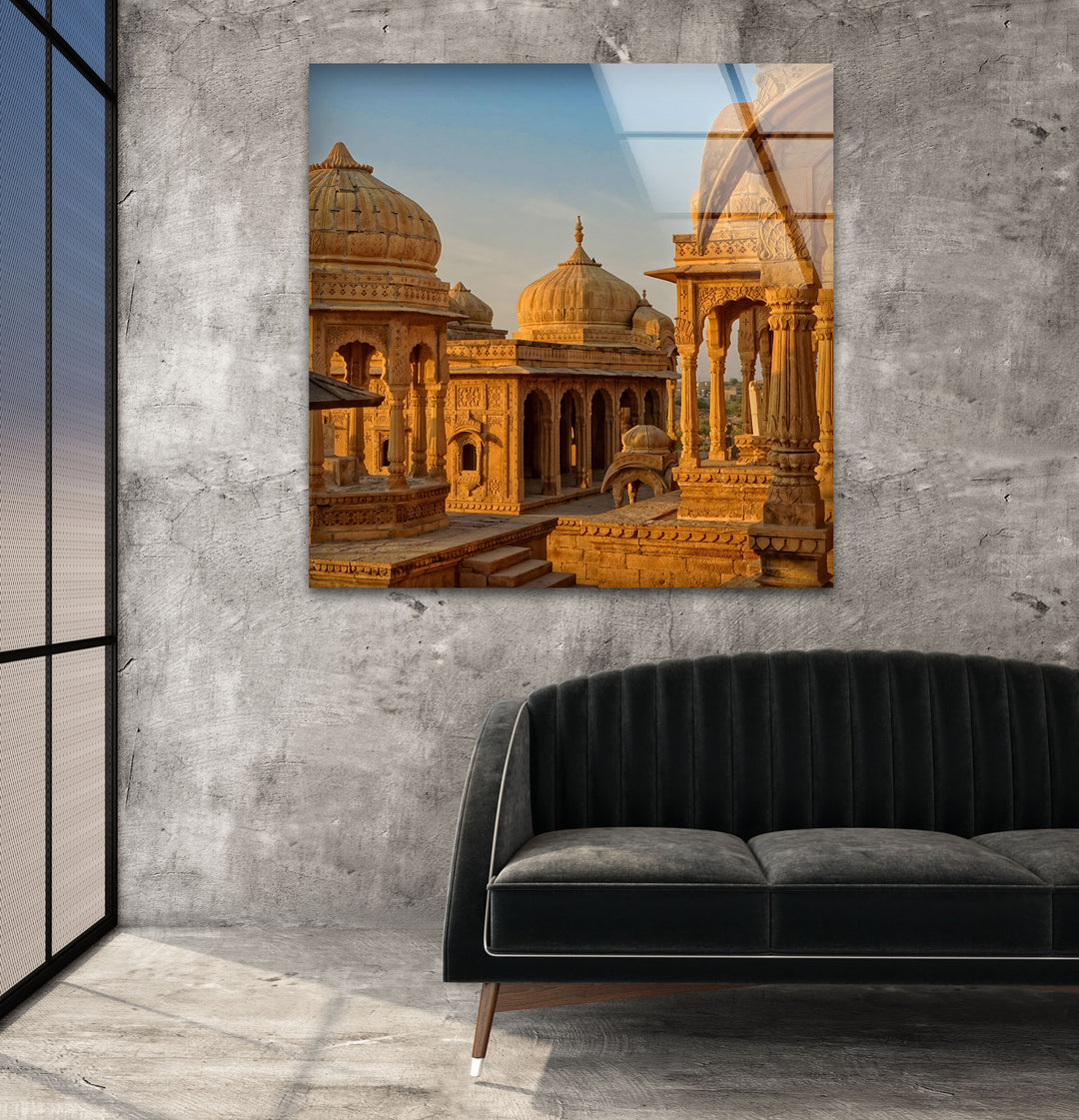 Golden Sunset over Jaisalmer Cenotaphs on Glass Wall Art
