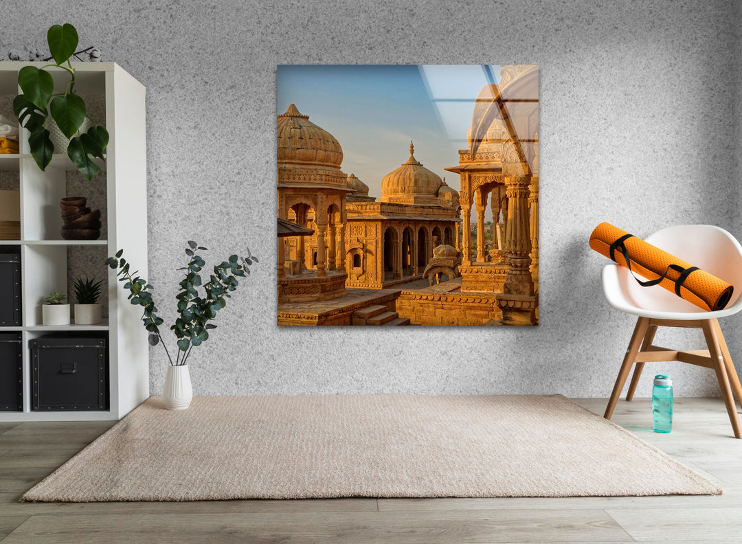 Jaisalmer Cenotaphs: Stunning Sunset Captured in Glass Wall Art
