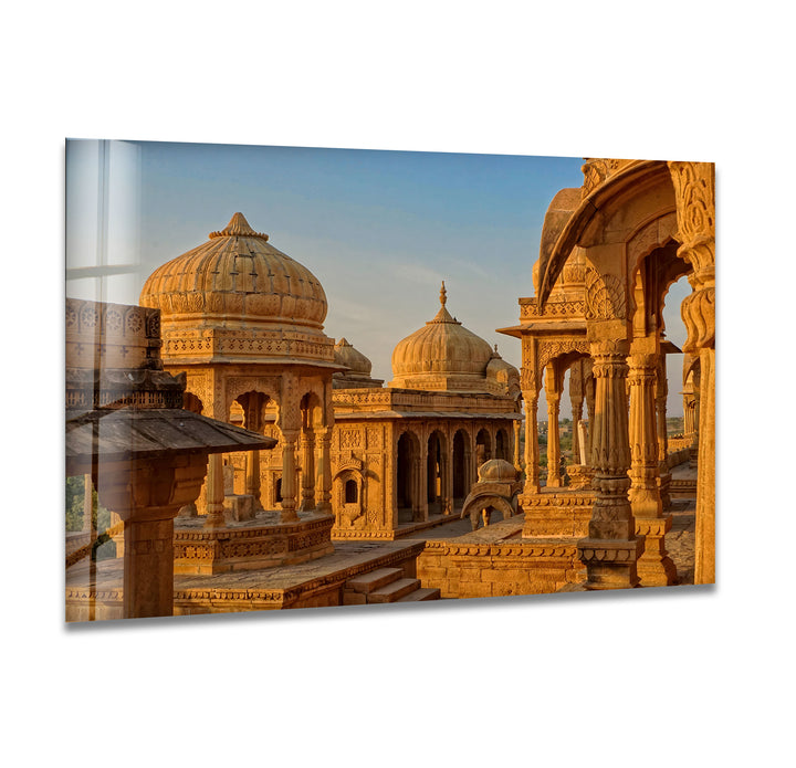 Jaisalmer Cenotaphs: Majestic Sunset Architecture on Glass Wall Art
