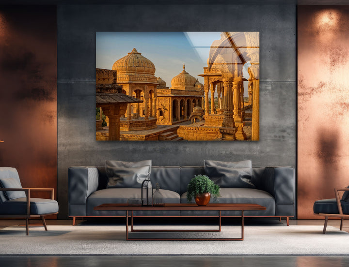 Jaisalmer Cenotaphs: Iconic Desert Architecture at Sunset on Glass Wall Art
