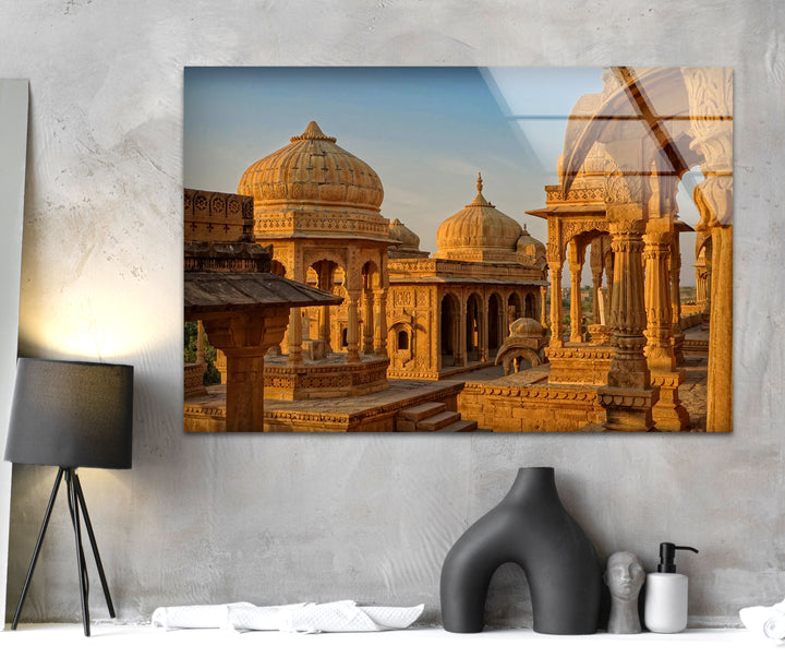 Jaisalmer Cenotaphs: Glowing Sunset Over Majestic Architecture on Glass
