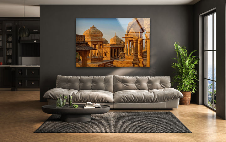 Jaisalmer Cenotaphs: Timeless Architecture at Sunset on Glass Wall Art
