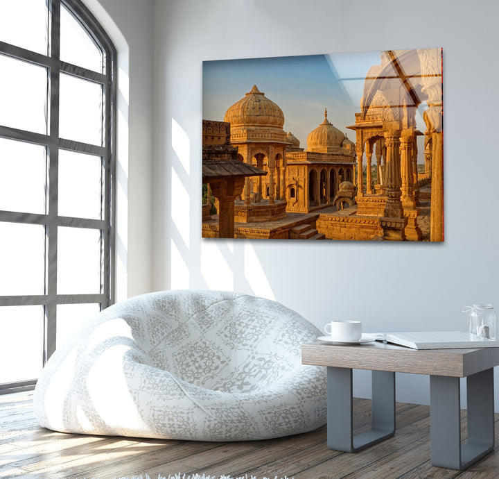 Jaisalmer Cenotaphs: A Stunning Sunset View on Glass Wall Art
