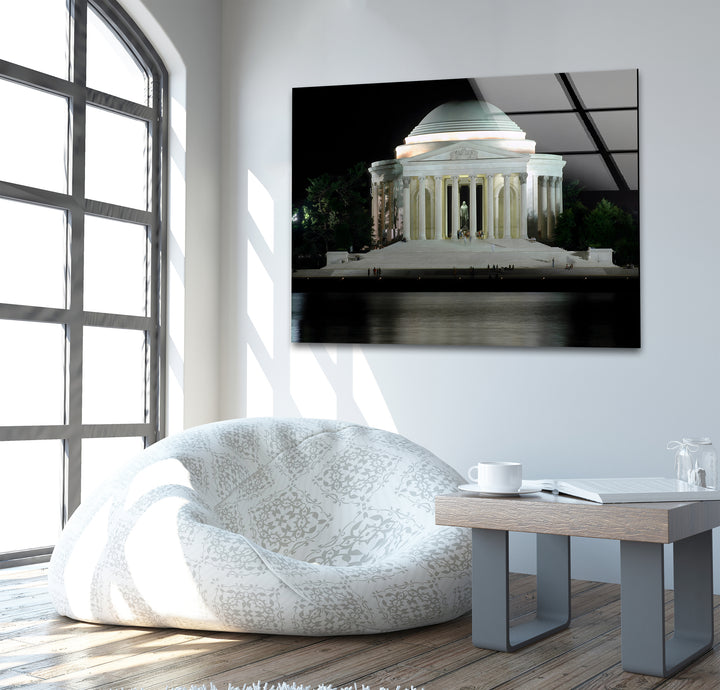 Jefferson Memorial: Nighttime Elegance Captured on Glass Wall Art
