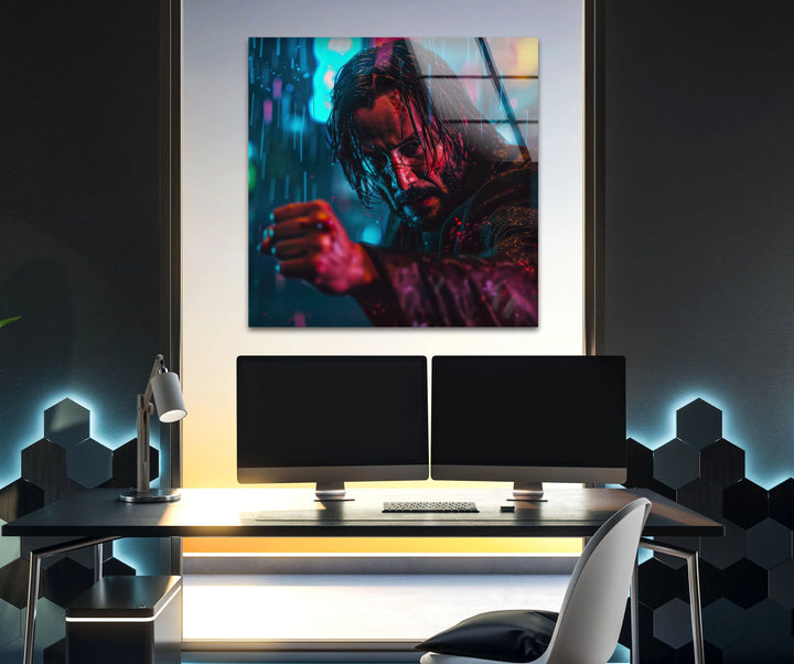 John Wick Neon City Glass Wall Art custom glass photo prints, large glass prints
