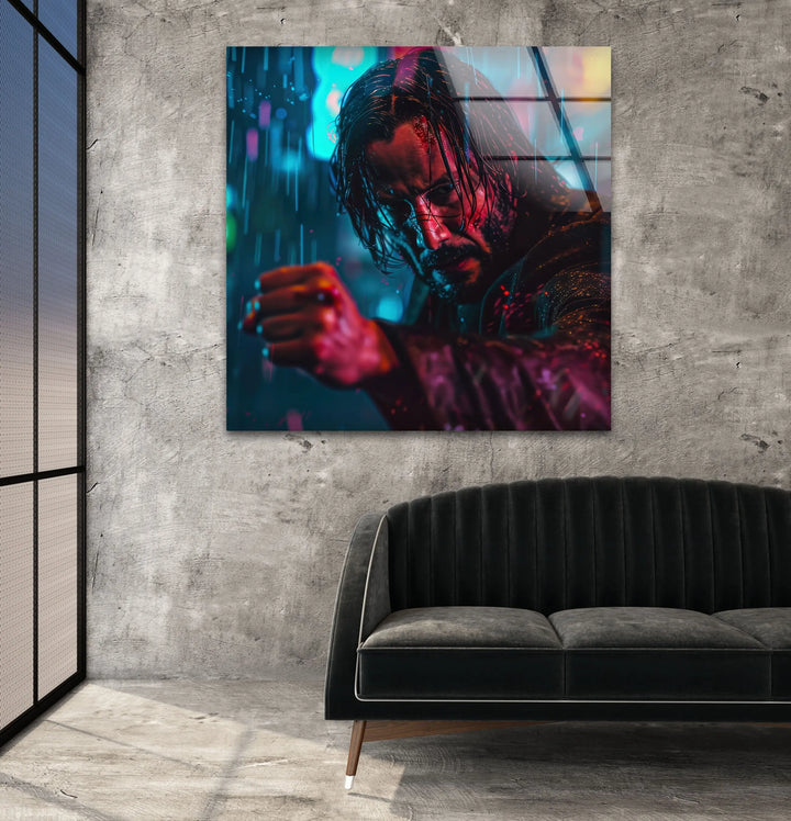 John Wick Neon City Glass Wall Art photo print on glass, prints on glass wall art
